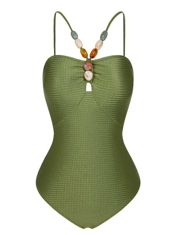 1960s Solid Textured Bandeau Halter Swimsuit Classic Monokini Design