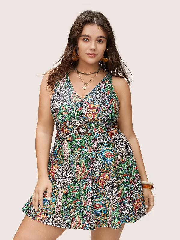 Bandana Print Buckle Detail Gathered Swim Dress Plunge Back Swimsuit