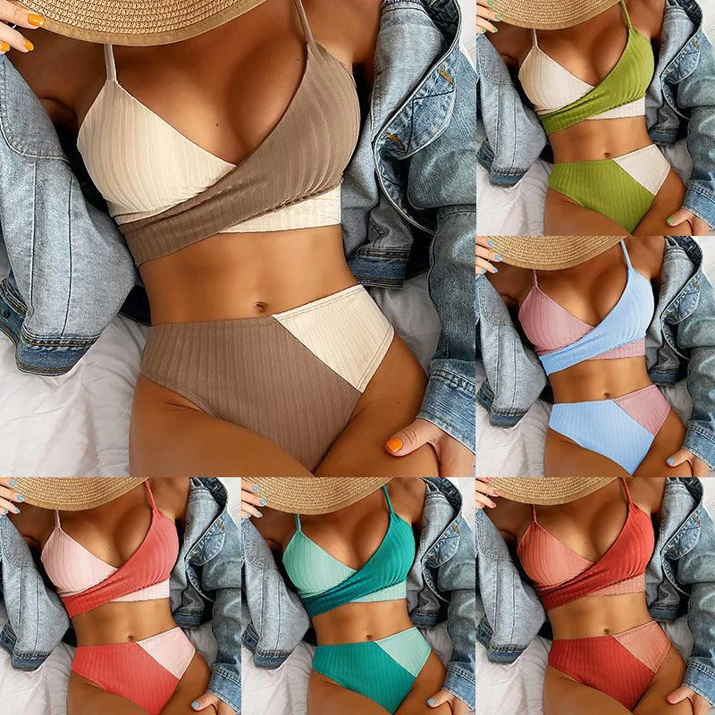 Bikini Patchwork Swimwear Ribbed Women's Swimsuit Knot Back Beachwear Ruched Butt Biquinis Bathing Suits Elegant Ruffled Bikini