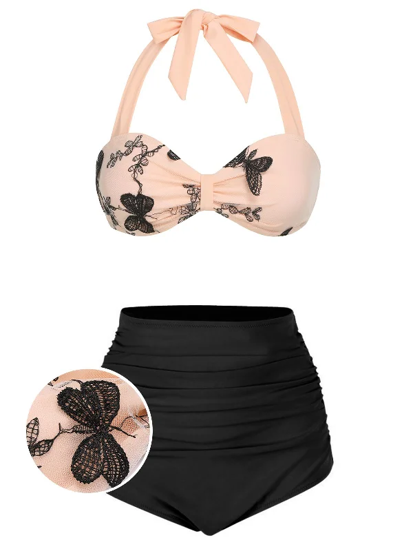 Black 1950s Halter Butterfly Swimsuit Crisscross Back Swimsuit