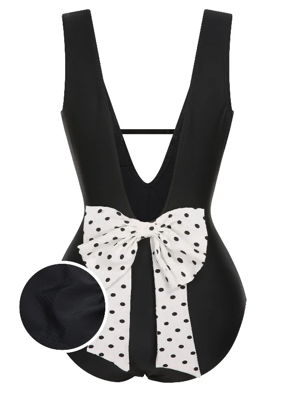 Black 1950s Polka Dot V-Neck Bow Swimsuit Crisscross Back Swimsuit