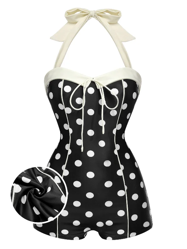 Black 1950s Polka Dots Halter Swimsuit Beach Ready Swimsuit