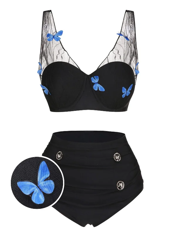 Black 1960s 3D Butterfly Mesh Pleated Swimsuit Swim Dress with Belt