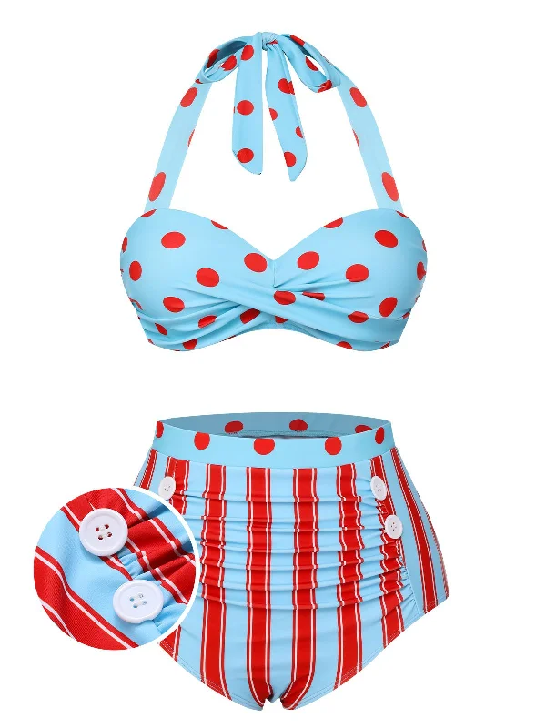 Blue 1940s Polka Dot Stripe Halter Swimsuit Ruffled Swimsuit Top