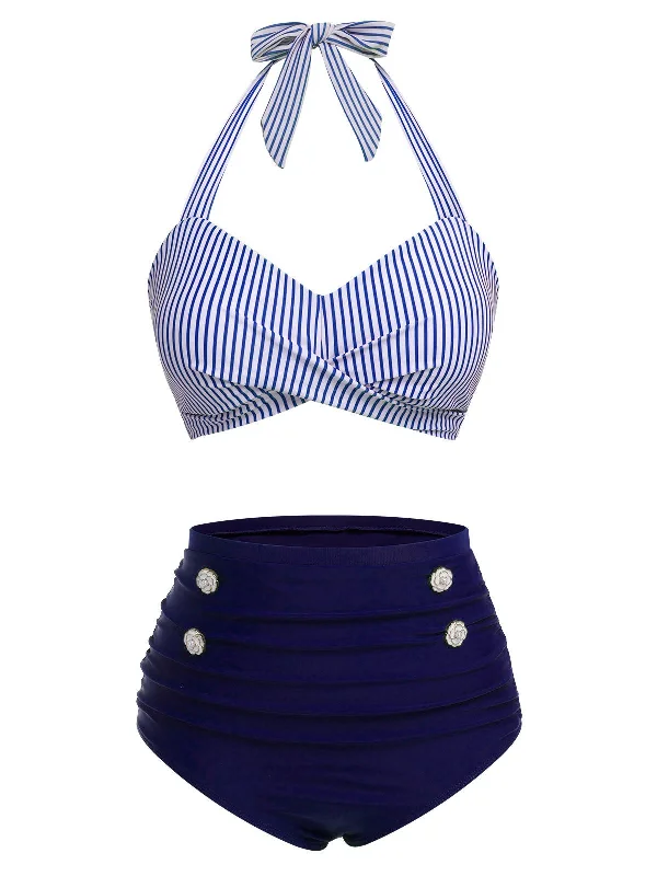 Blue 1940s Striped Halter Swimsuit Set Adjustable Bikini Bottoms