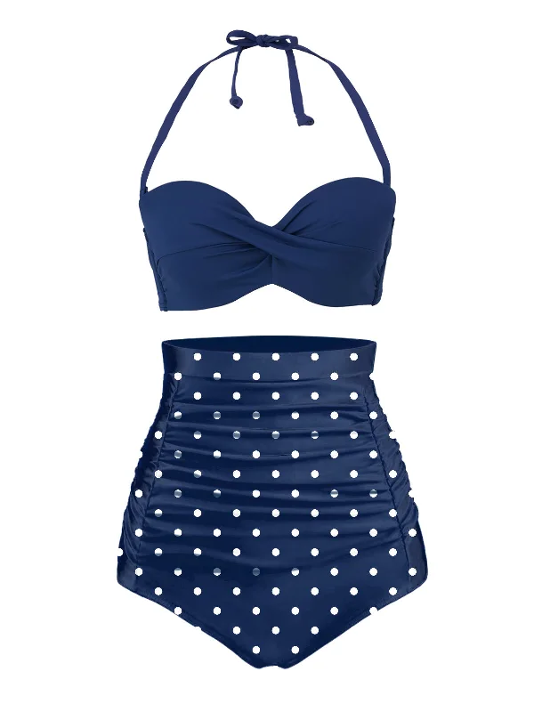 Blue 1950s Halter Polka Dots Swimsuit Mesh Swimsuit Top