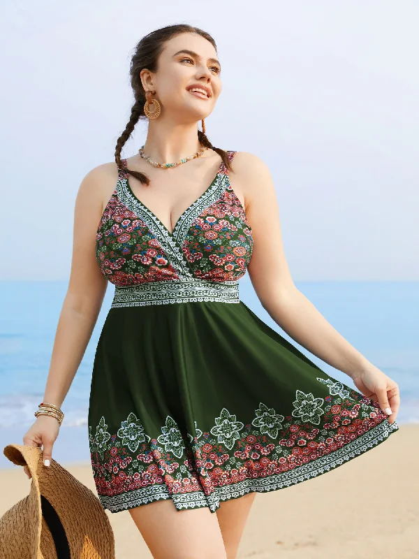 Boho Print Gathered Overlap Collar Swim Dress Floral Bikini Top