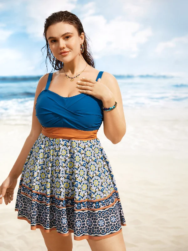 Geometric Print Patchwork Twist Front Swim Dress Stylish Cover-Up Set