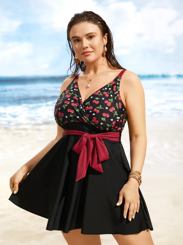 Cherry Print Wrap Tie Knot Swim Dress Elegant Halter Bikini