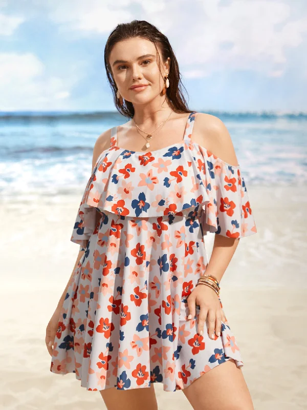 Contrast Floral One Shoulder Neck Ruffles Swim Dress Modern High-Waisted Swimsuit
