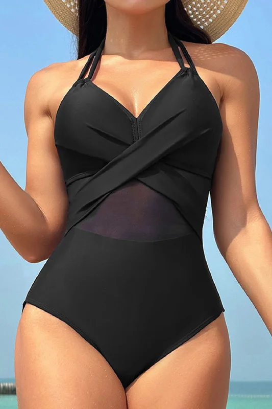 Crisscross Halter Neck One-Piece Swimwear Trendy Swimwear Set