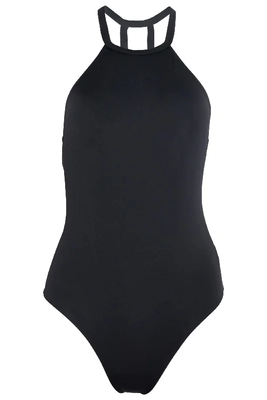 Denise - High Neck One Piece Swimsuit in Black Comfortable Swim Dress