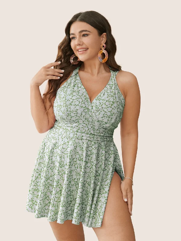 Ditsy Floral Halter Neck Split Hem Swim Dress Monokini Swimsuit Design