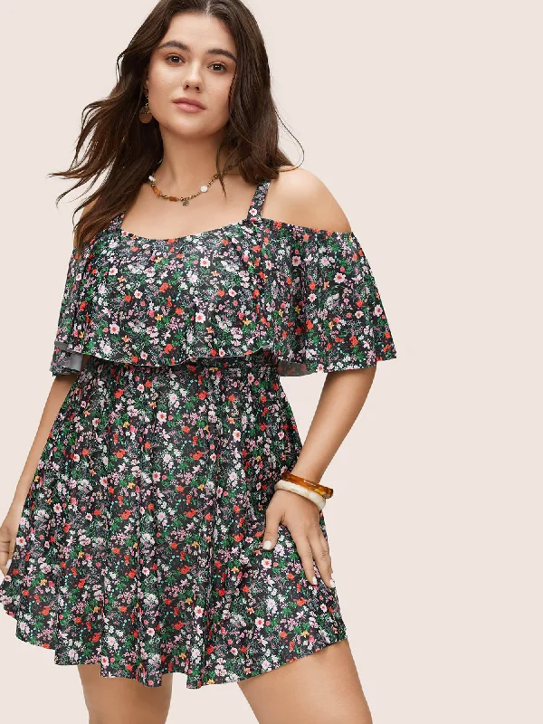 Ditsy Floral Ruffles Cold Shoulder Swim Dress Ruched Swimwear Set