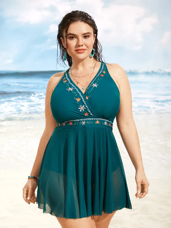 Floral Embroidered Overlap Collar Swim Dress Strap Bikini Set