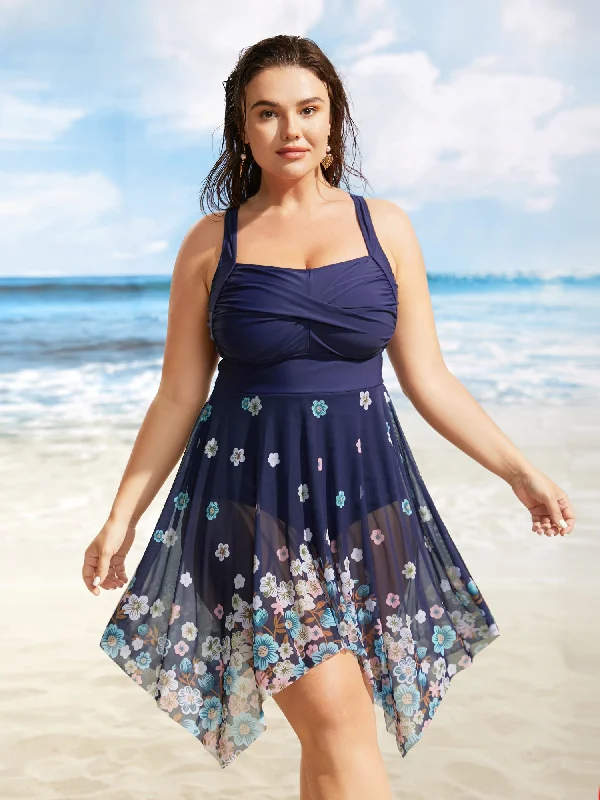 Flowers Patchwork Mesh Hanky Hem Swim Dress Modern High-Waisted Swimsuit