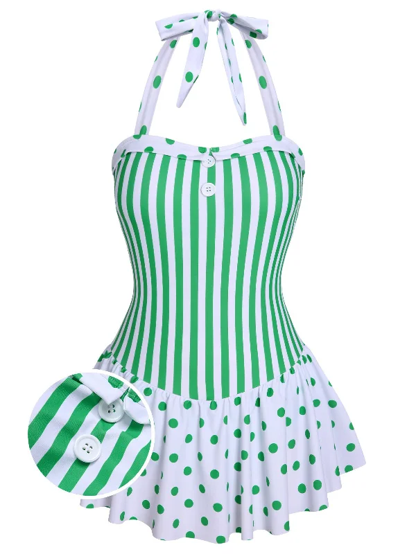 Green 1940s Polka Dots Stripes Halter Swimsuit Sexy Swimwear Set