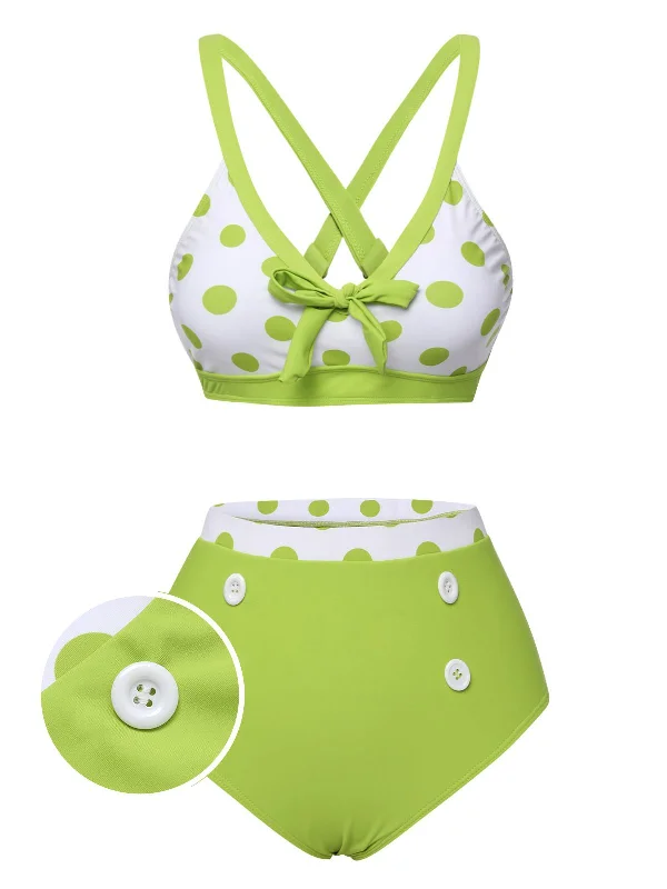 Green 1950s Polka Dot V-Neck Swimsuit Sleek Racerback Swimsuit