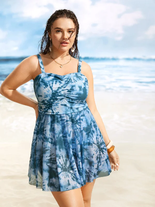 Heart Neckline Tie Dye Ruched Swim Dress Monokini Swimsuit Design