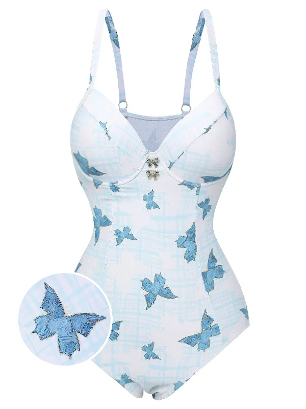 Multicolor 1970s Butterfly Bow Strap Swimsuit Crisscross Back Swimsuit