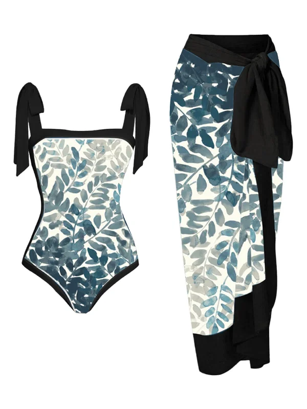 Navy Blue 1960s Leaf One-piece Swimsuit & Cover-up Adjustable Swim Top