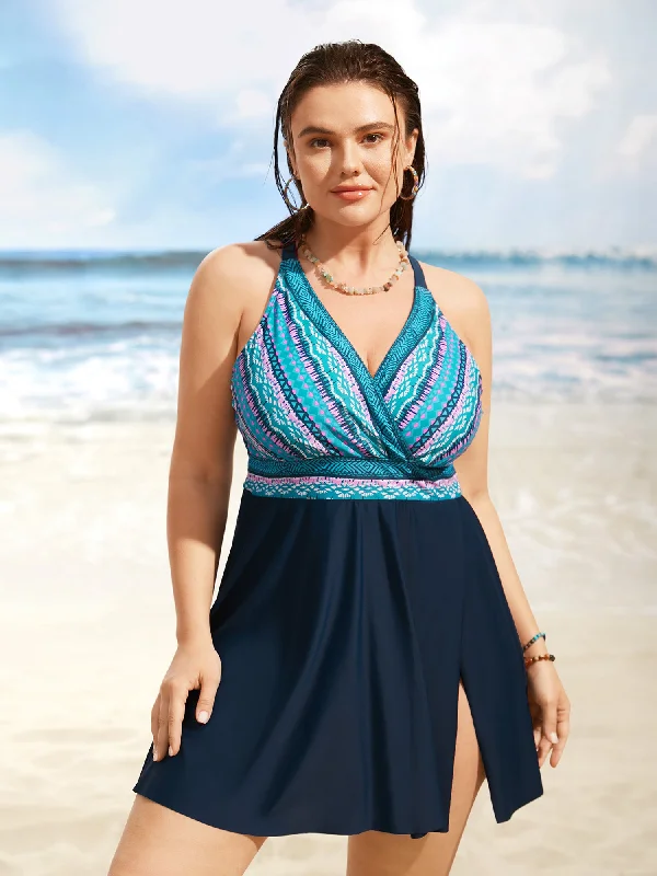 Overlap Collar Bandana Patchwork Split Hem Swim Dress Plus-Size Bikini Set