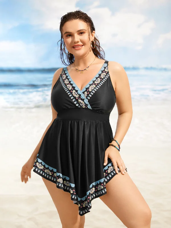 Overlap Collar Boho Print Hanky Hem Swim Dress Beachy Ruffle Bikini