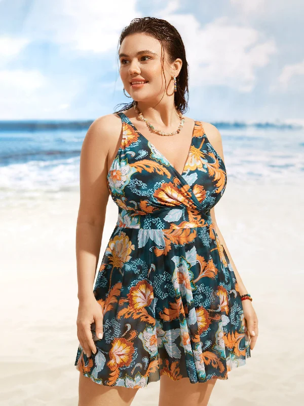 Overlap Collar Contrast Floral Mesh Swim Dress Stylish Cover-Up Set