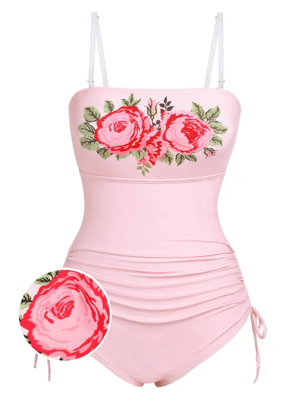 Pink 1940s Rose Strap One-piece Swimsuit High-Cut One-Piece