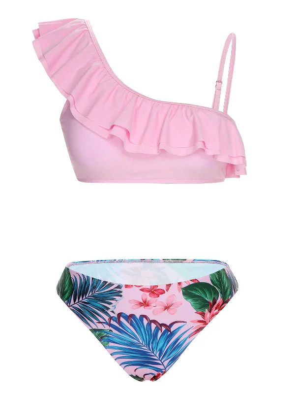 Pink 1960s Tropical Plants Ruffles Swimsuit Strapless Swimsuit Top