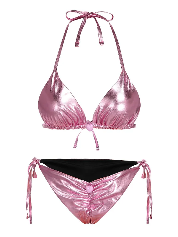 Pink 1970s Metallic 3D Heart Swimsuit Retro Swimwear Style