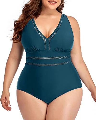 Adjustable Shoulder Straps One Piece Swimsuits For Women Plus Size-Teal Color-Block Bikini
