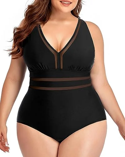 Plus Size V-Neck Mesh Line One Piece Swimsuit Full Coverage Swimsuit