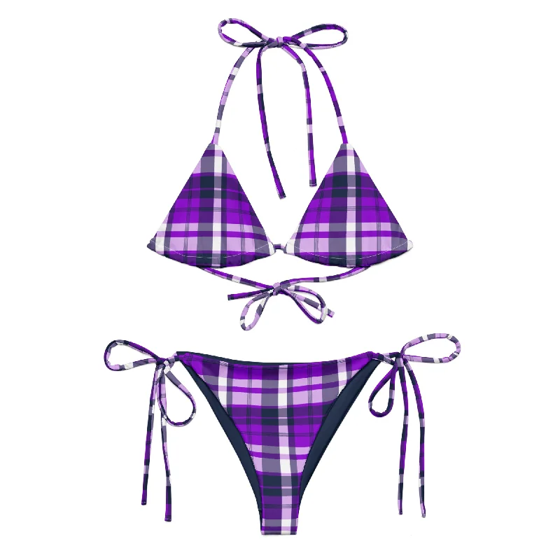 Purple and Navy Blue Preppy Surfer Girl Plaid String Bikini Swimsuit Tropical Print One-Piece