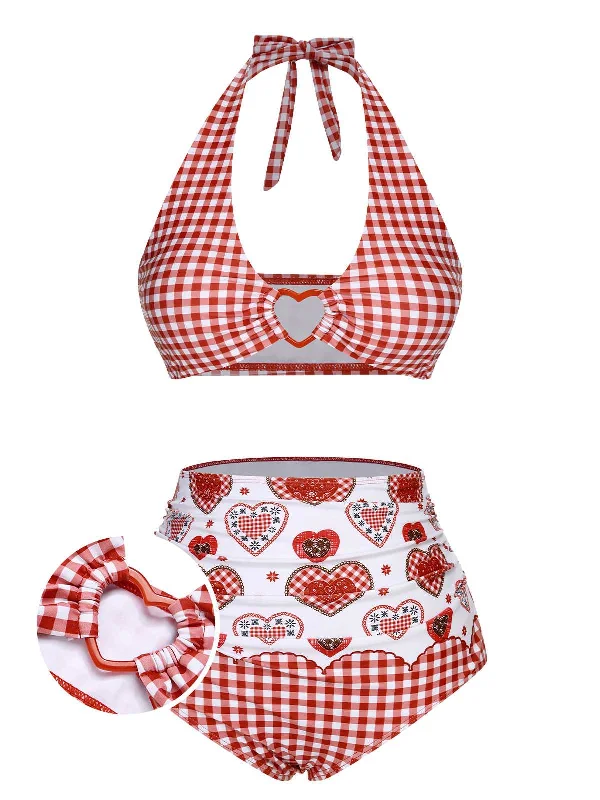 Red 1950s Halter Heart Plaids Swimsuit Modern High-Waisted Swimsuit