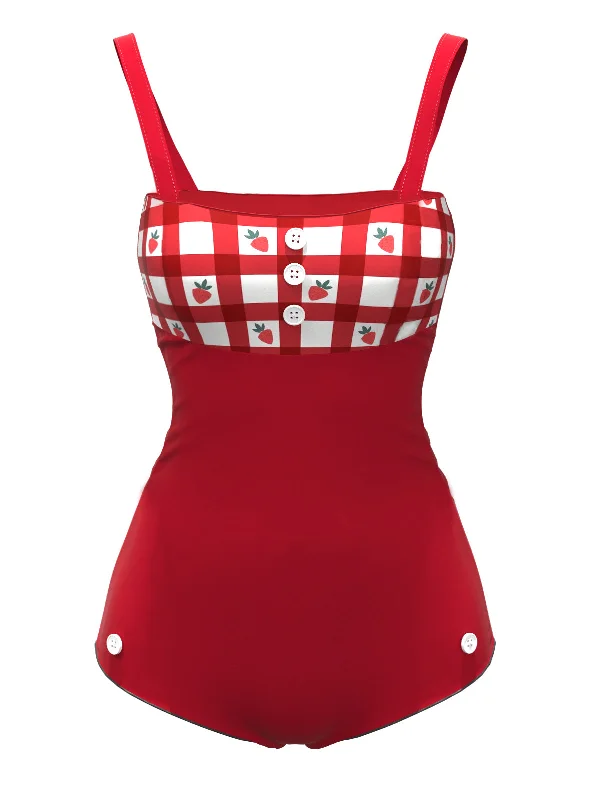 Red 1950s Strawberry Plaid Suspender Swimsuit Soft Beachwear Set