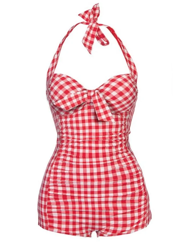 Red 1950s Plaid Halter One-piece Swimsuit Stylish Swimsuit Set