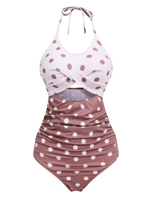 Retro Polka Dots Patchwork One-piece Swimsuit Casual Swim Dress