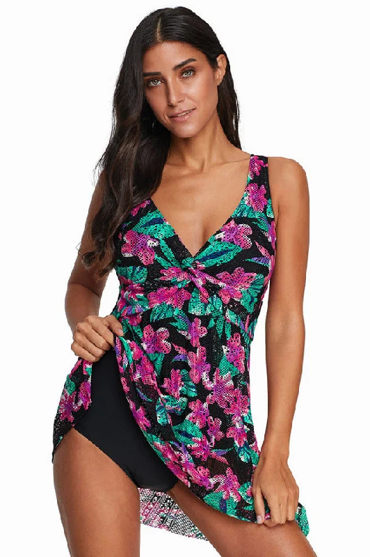 (S-3XL) Floral High Waist Tankini 2 Piece Set Tie-Back Swimwear