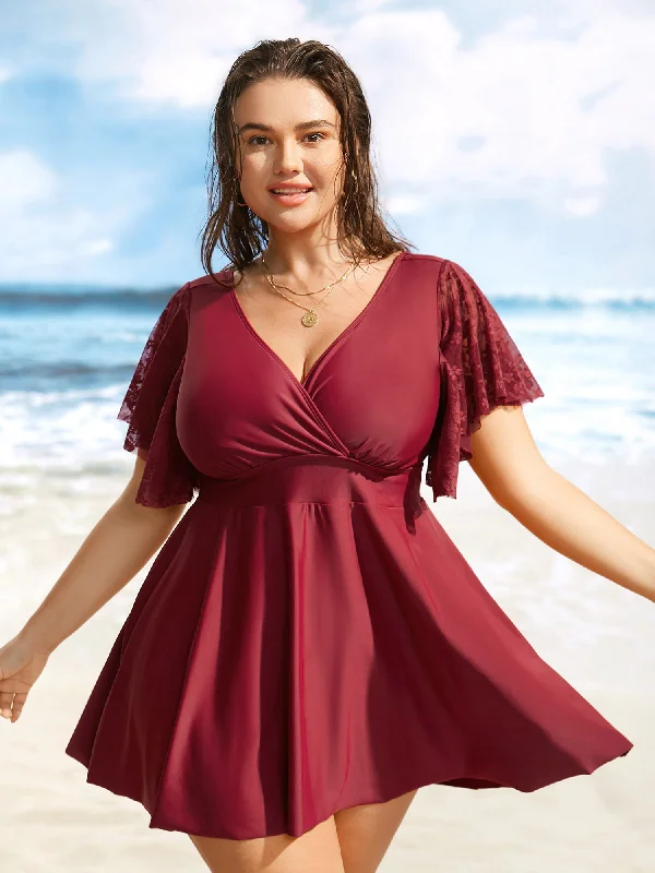 Solid Overlap Collar Lace Patchwork Gathered Swim Dress Elegant Swim Dress