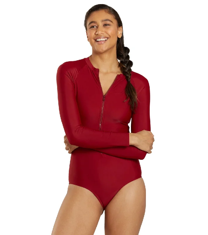 Sporti Active Solid Zip Front Long Sleeve One Piece Swimsuit Nutmeg Flirty Ruffle Swimsuit