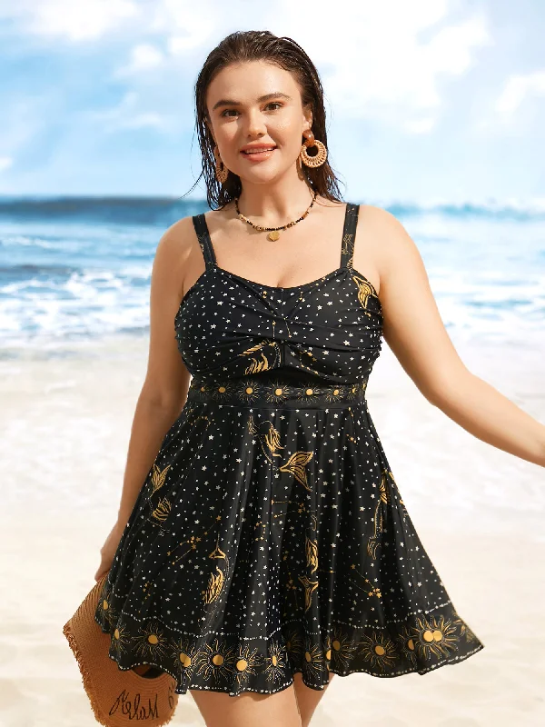 Star & Sun Print Heart Neckline Crossover Swim Dress Strappy Back Bikini