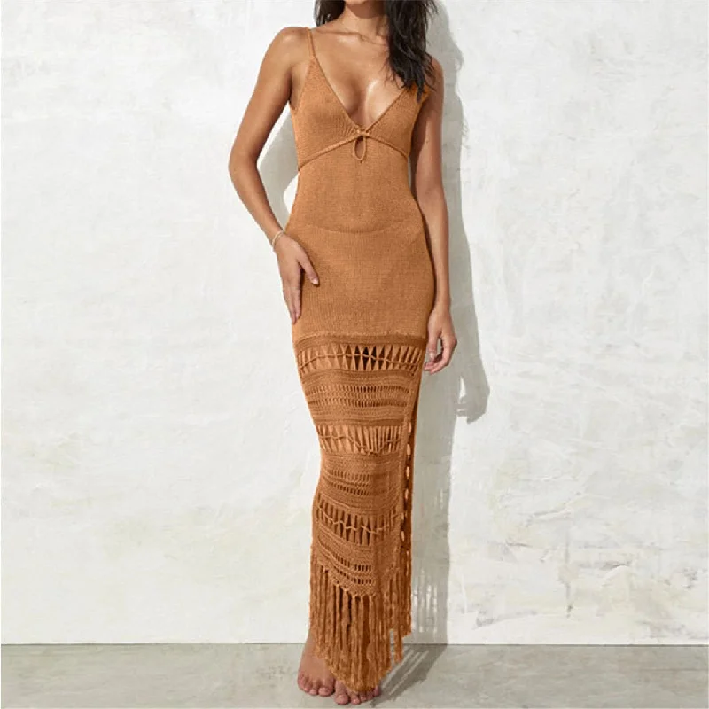 Sunset and Swim Sexy Fringe Tassel Crochet Beach Cover Up Dress Sexy Swimwear Set