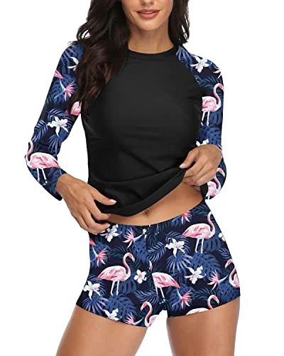 Comfortable Women's Boyshort Rashguard Swimsuit Set-Black Flamingo Elegant Ruffle Swimsuit