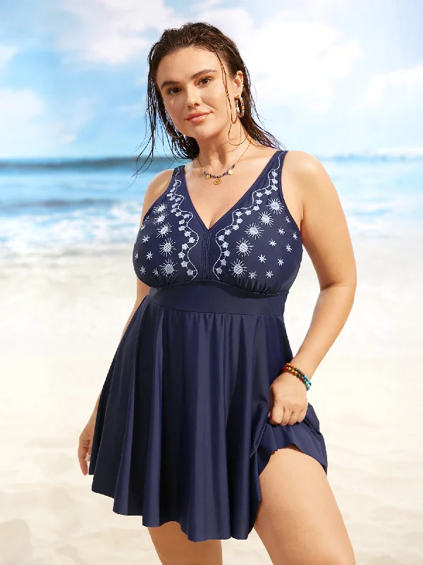 V Neck Moon & Star Embroidered Gathered Swim Dress Push-Up Bikini Top
