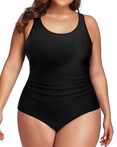 Backless Low Cut Plus Size Sport Swimsuit For Curvy Women-Black V-Neck Swim Dress
