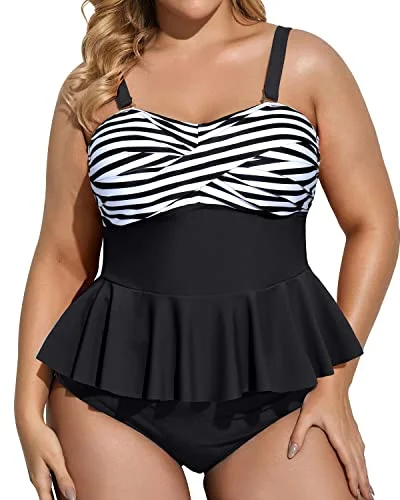 Twist Front Removable Strap Two Piece Plus Size Swimsuit-Black And White Stripe Plus-Size Bikini Set