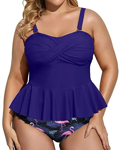 Adjustable Strap Peplum Tankini Top High Waisted Tummy Control Bottom Plus Size Swimsuit-Blue Flamingo Chic Beach Cover-Up