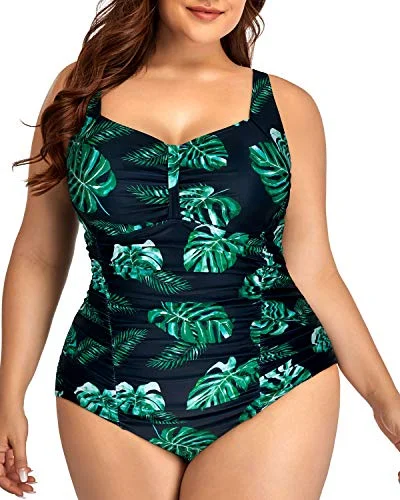 Comfortable Wide Strap One Piece Swimsuits For Curvy Women-Black And Green Leaf Timeless Black Bikini