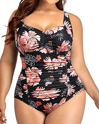 Removable Padded Push Up Bra Swimsuits For Plus Size Women-Black Orange Floral Fun Pattern Swimsuit